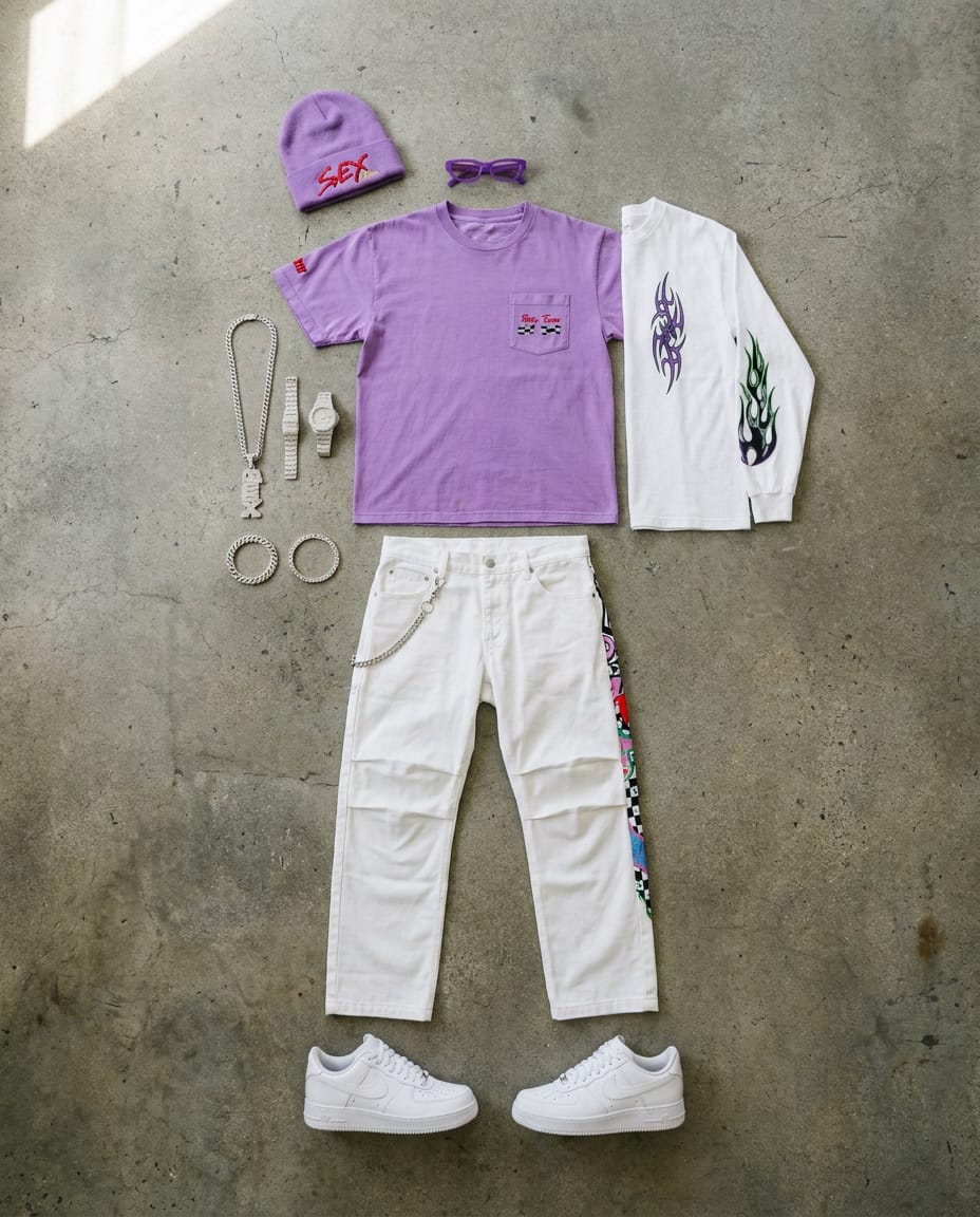 White jean. Lavender tee. — outfit flat-lay