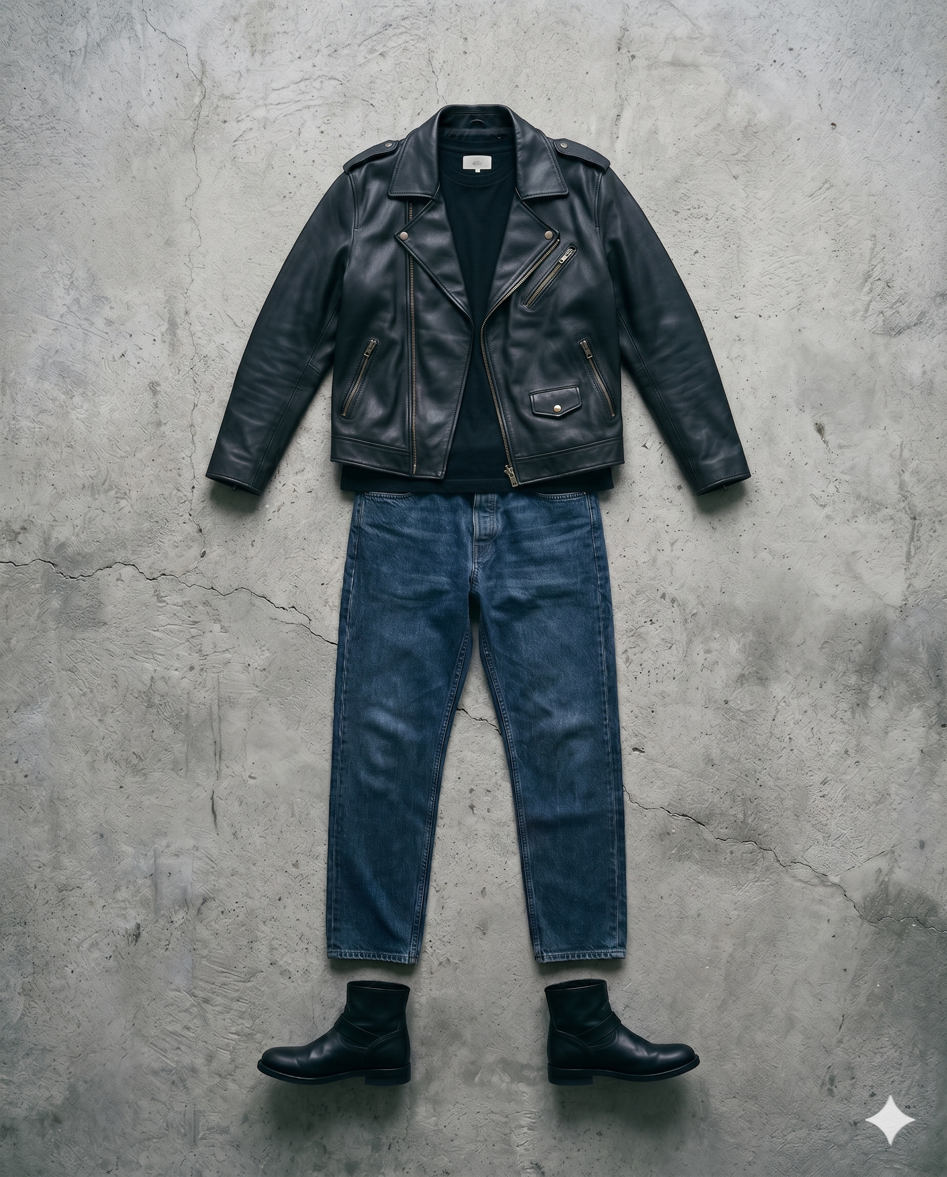 A flat-lay of a black leather biker jacket, white tee, dark jeans and Chelsea boots — the spine of every black leather jacket outfit that works.