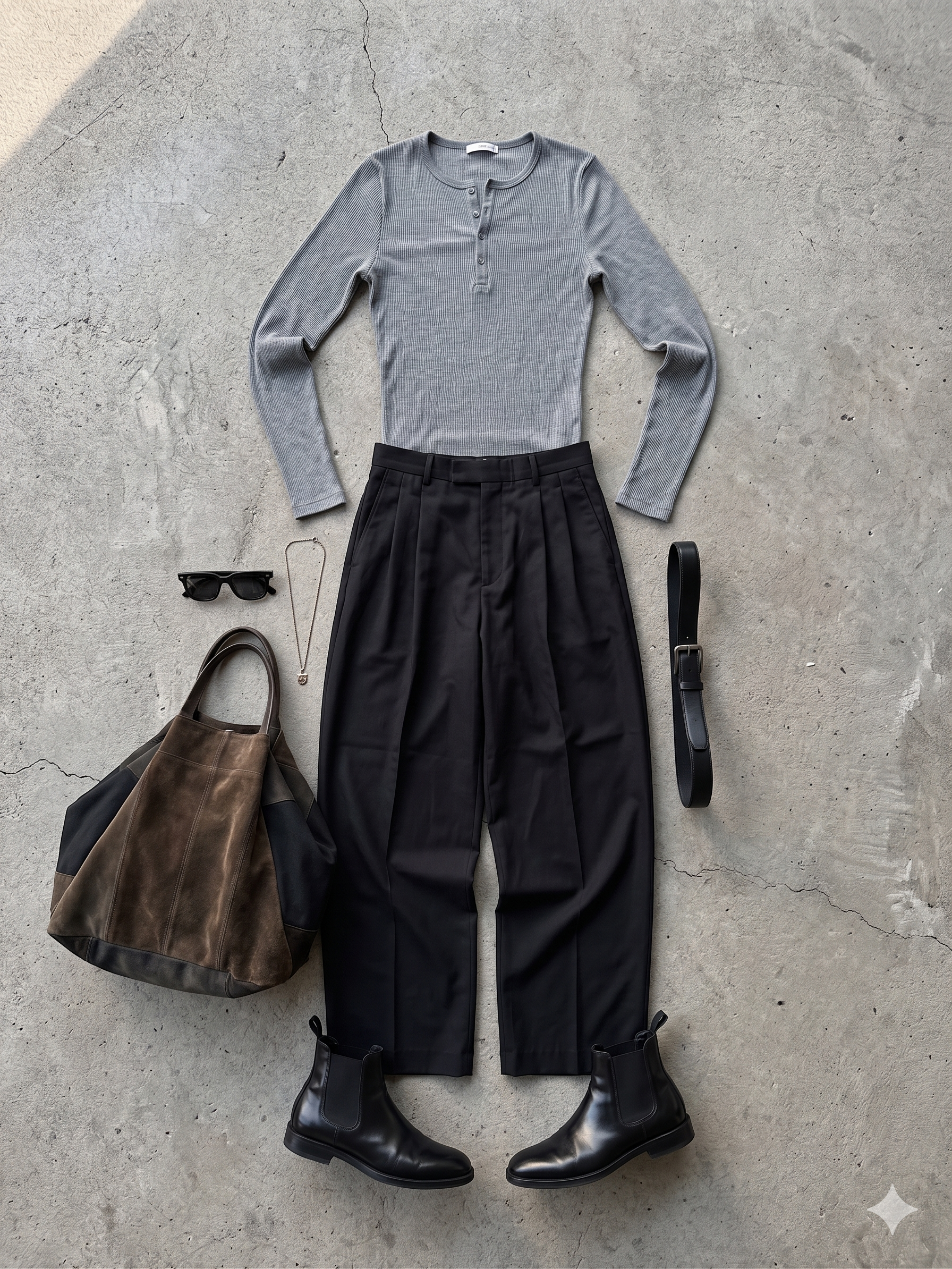 A flat-lay of a charcoal henley, dark trouser, brown leather boot and watch — the spine of an autumn henley outfit.
