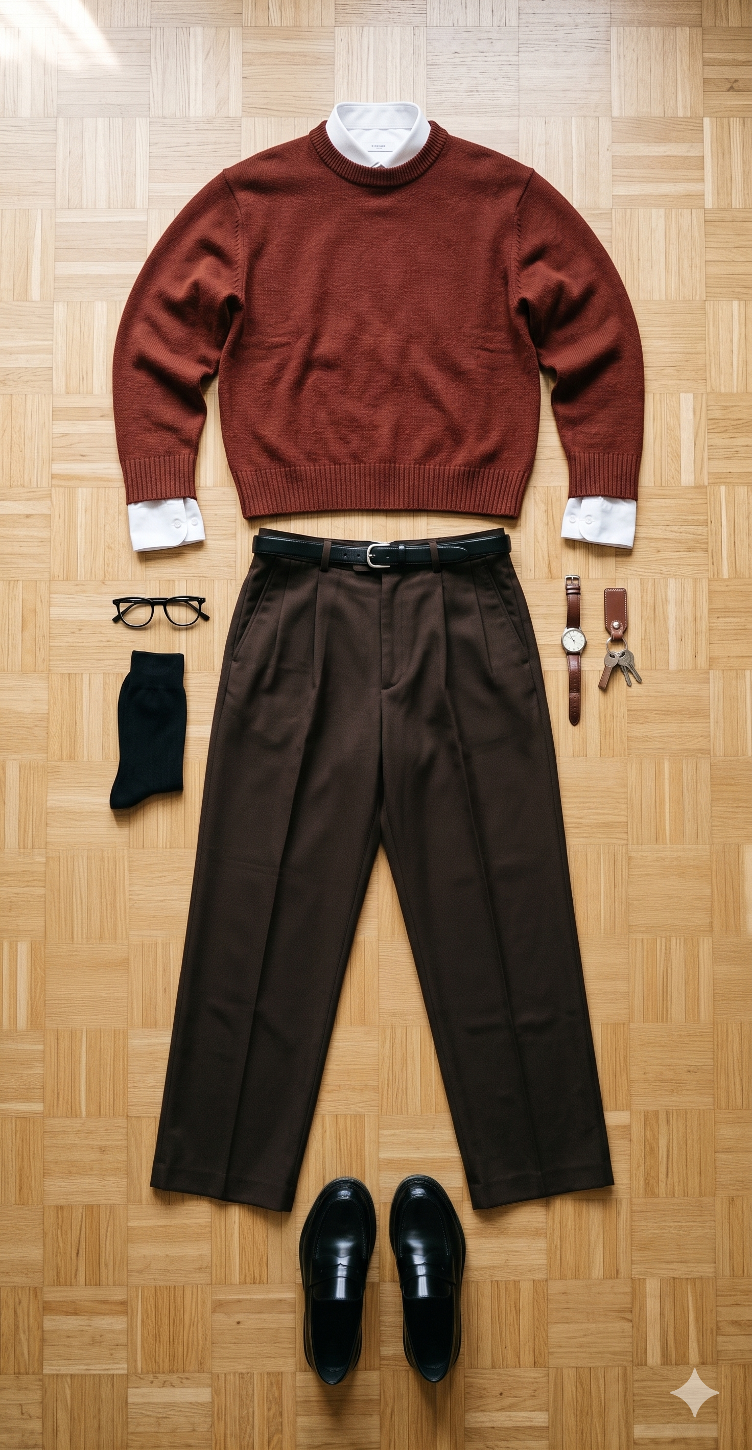 A flat-lay of a white tee, charcoal trouser, navy crew, leather low-top sneaker — the minimalist outfit men's baseline.