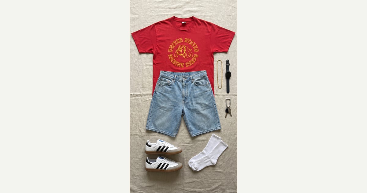 Red tee. Light blue short. — outfit flat-lay