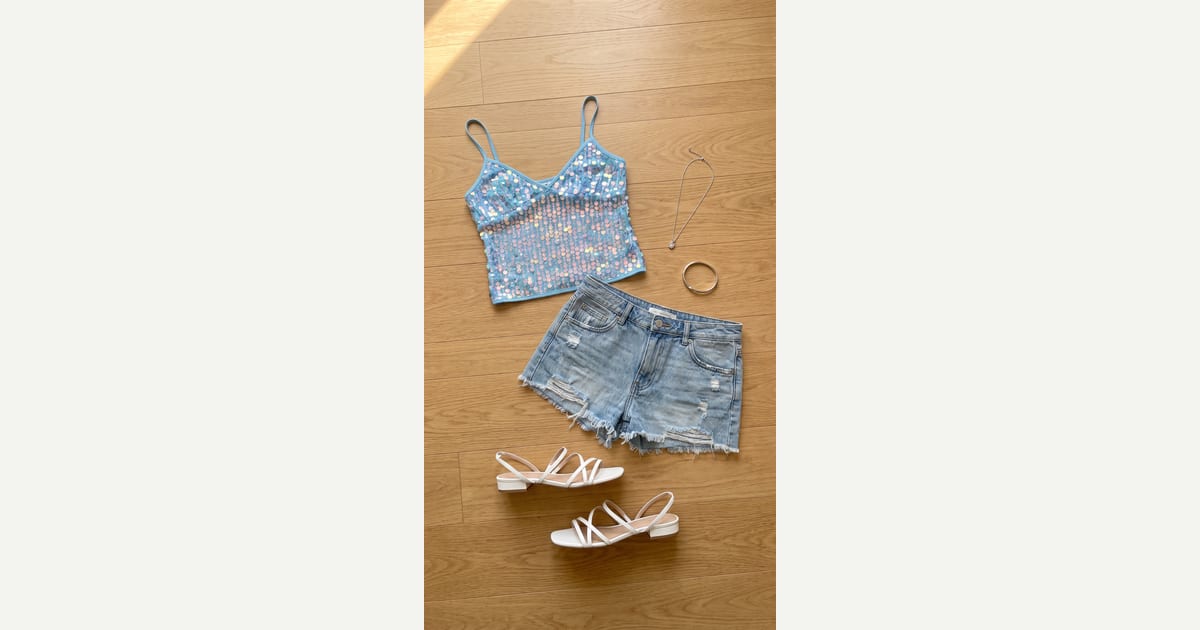 Light blue shirt. Light blue short. — outfit flat-lay