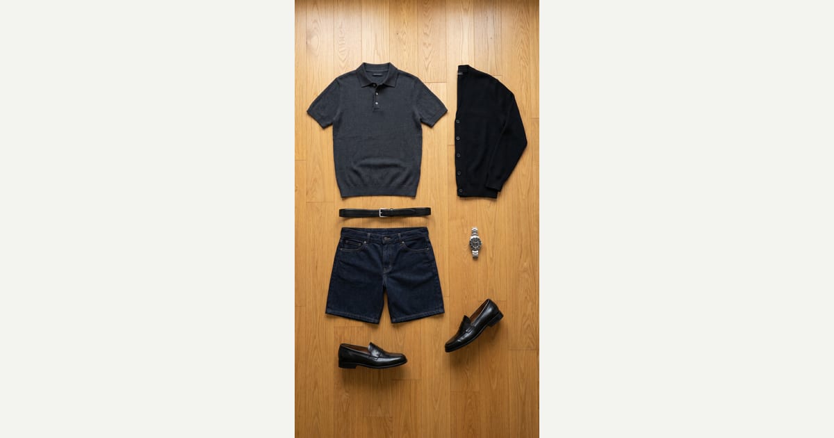 Charcoal Grey polo. Dark Indigo short. — outfit flat-lay
