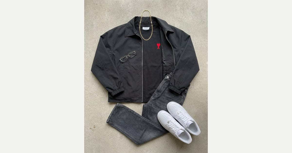 Black jacket. Washed black jean. — outfit flat-lay
