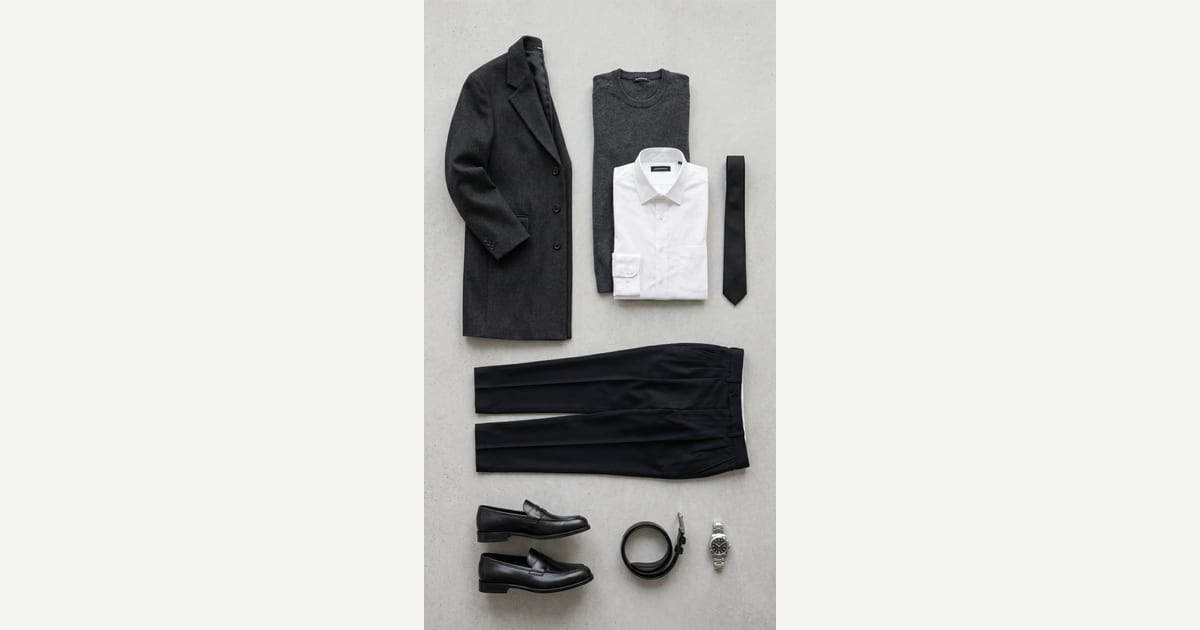 Charcoal outerwear. Black trouser. — outfit flat-lay