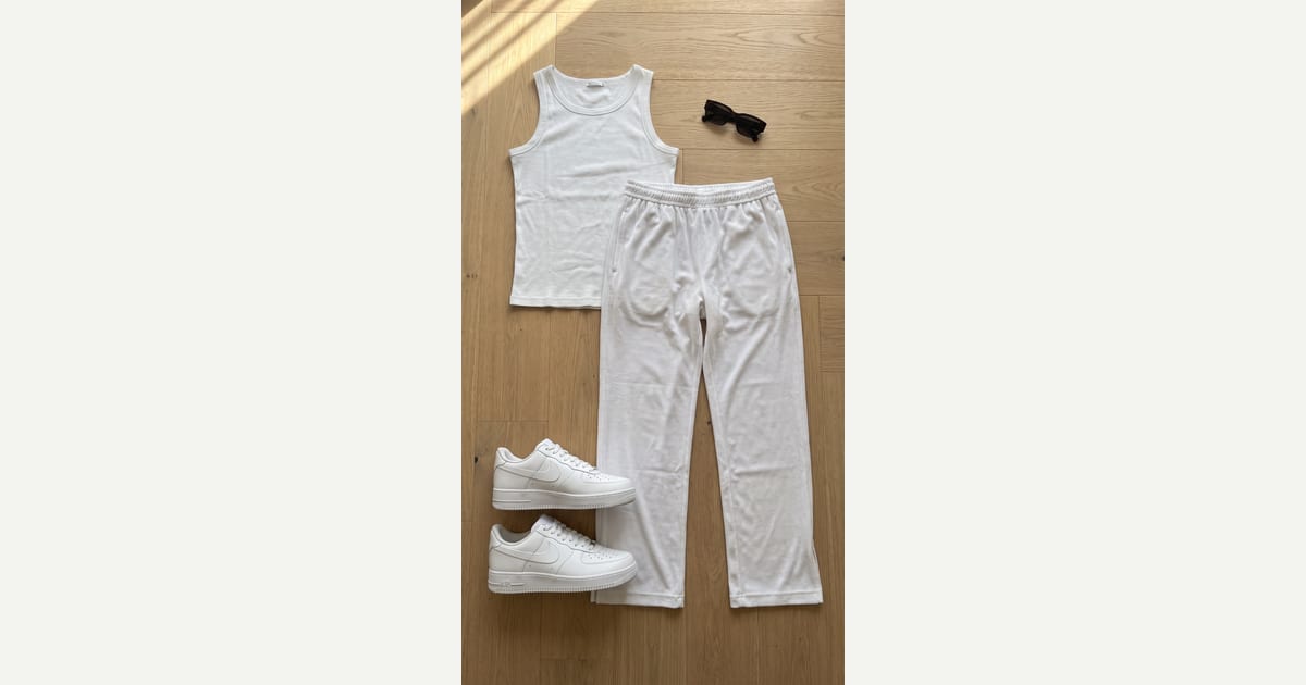 White trouser. White tee. — outfit flat-lay