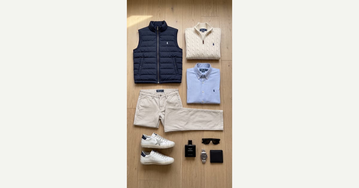 Navy outerwear. Beige trouser. — outfit flat-lay