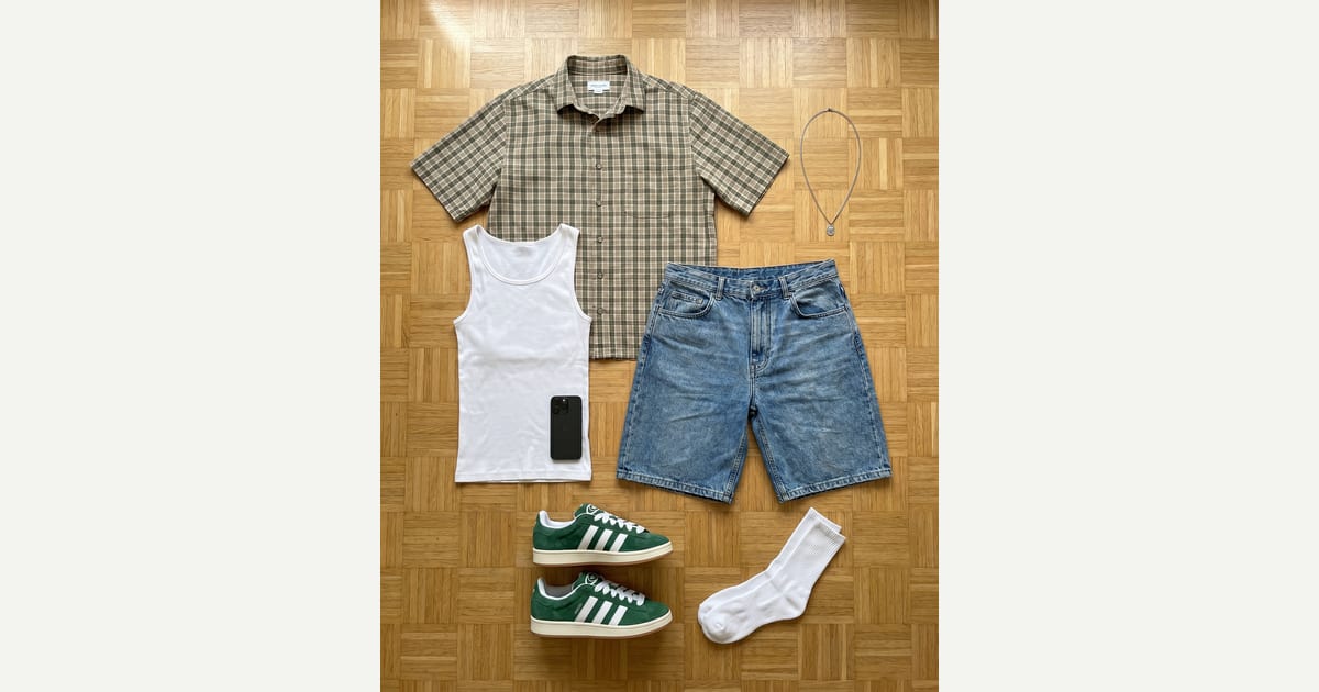 Olive plaid shirt. Light wash blue short. — outfit flat-lay