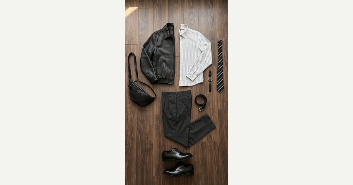 Black jacket. Charcoal trouser. — outfit flat-lay