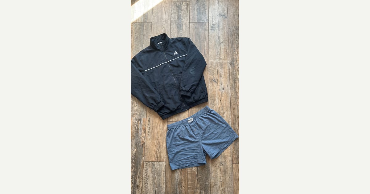 Black jacket. Steel blue short. — outfit flat-lay