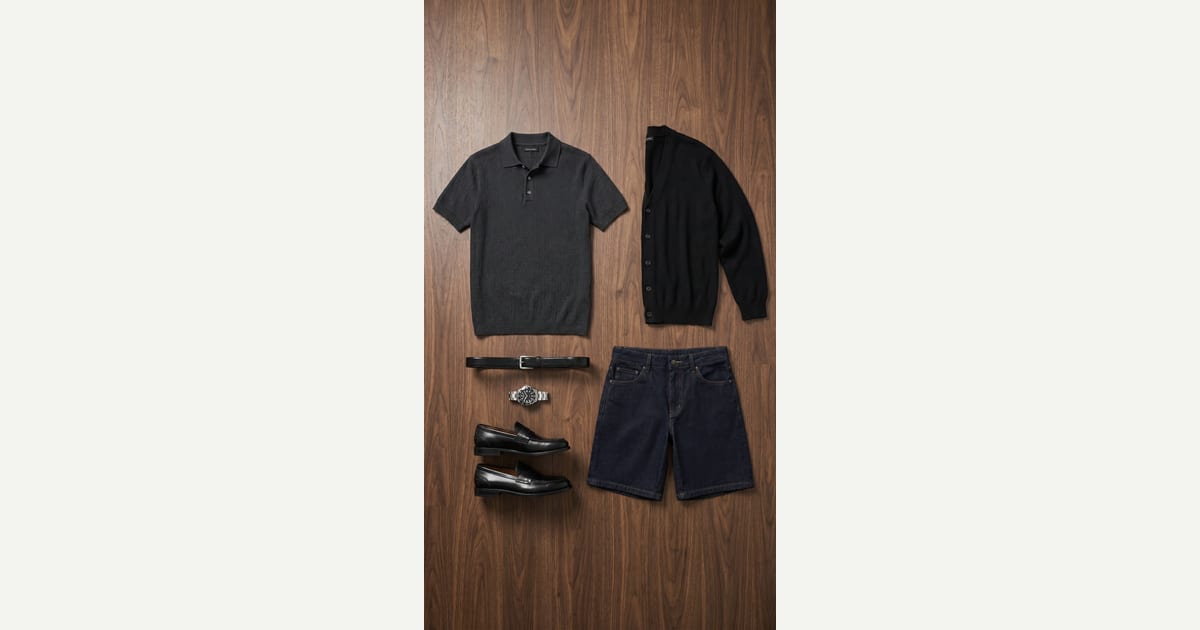 Charcoal Grey polo. Dark Indigo short. — outfit flat-lay
