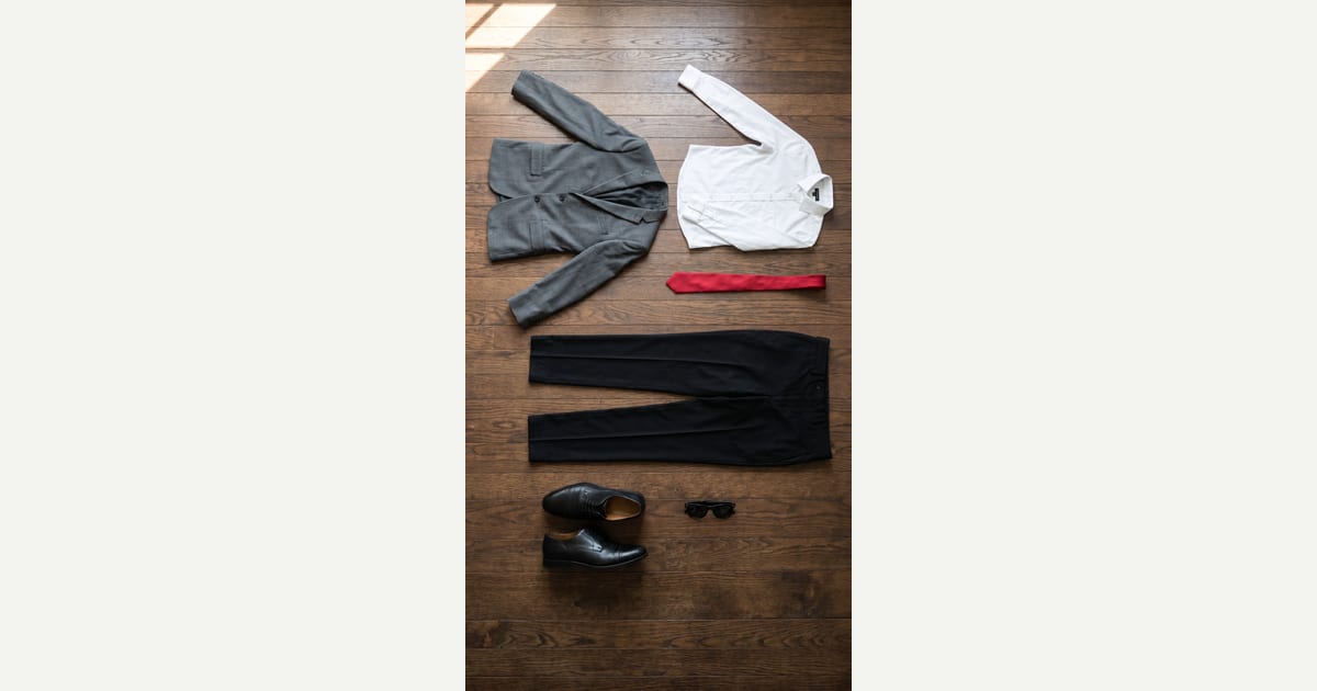 Grey blazer. Black trouser. — outfit flat-lay