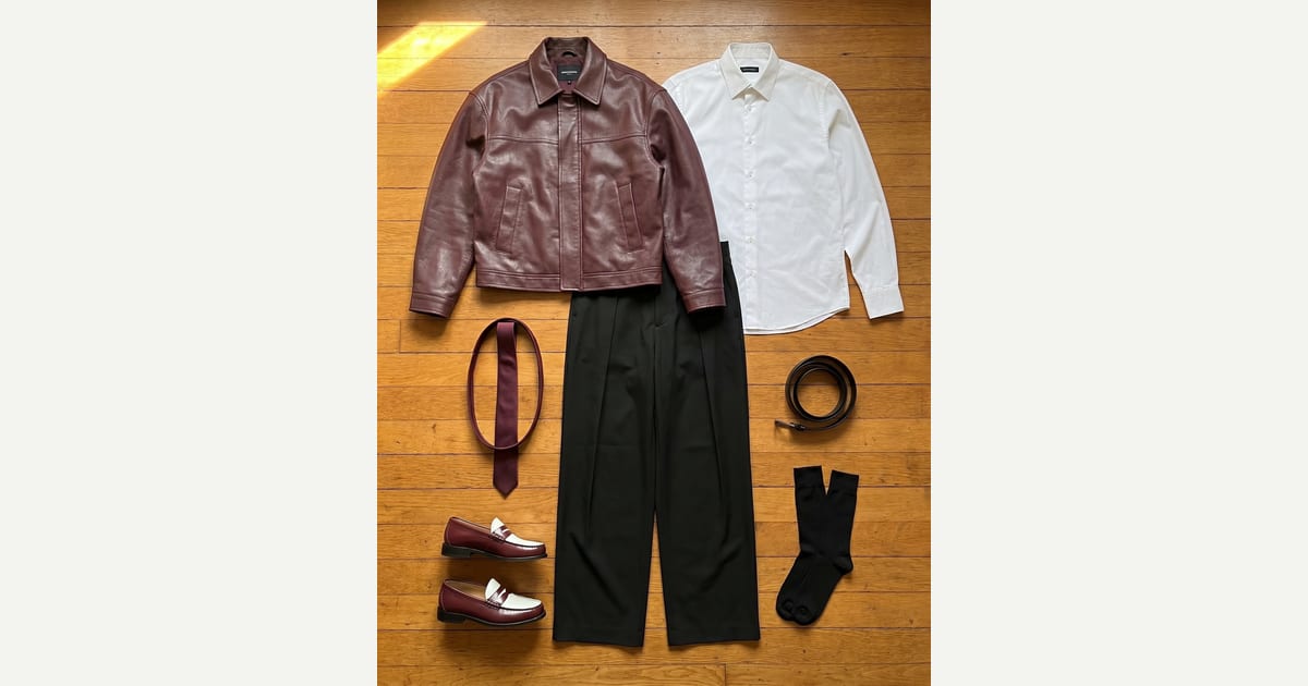 Burgundy jacket. White shirt. — outfit flat-lay
