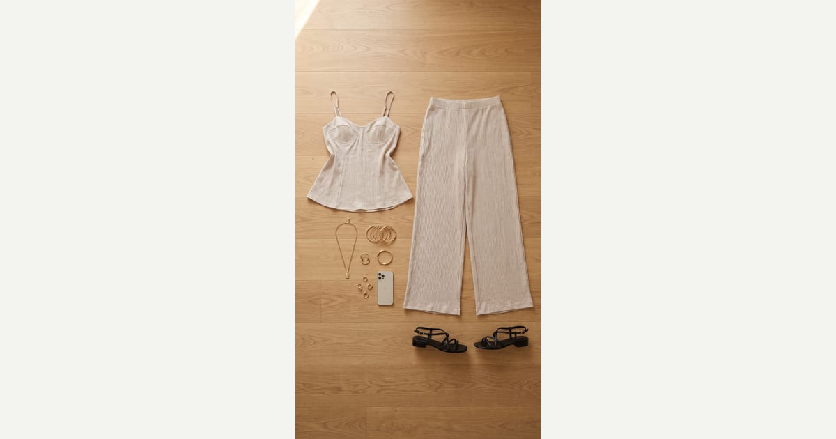 Beige trouser. Beige shirt. — outfit flat-lay