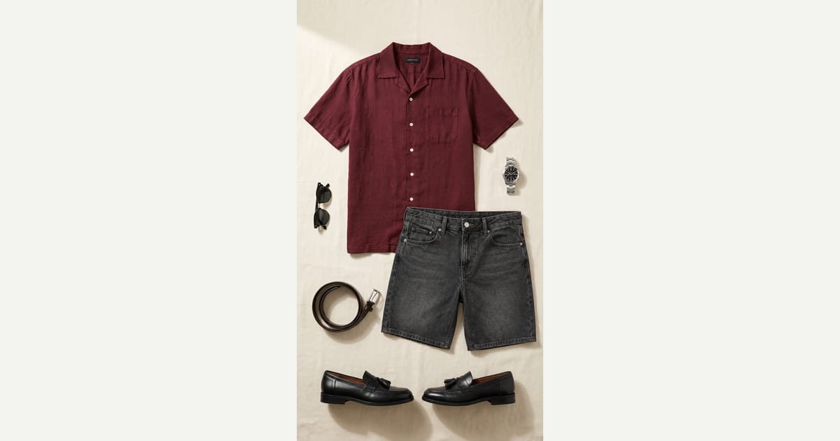 Burgundy shirt. Charcoal short. — outfit flat-lay