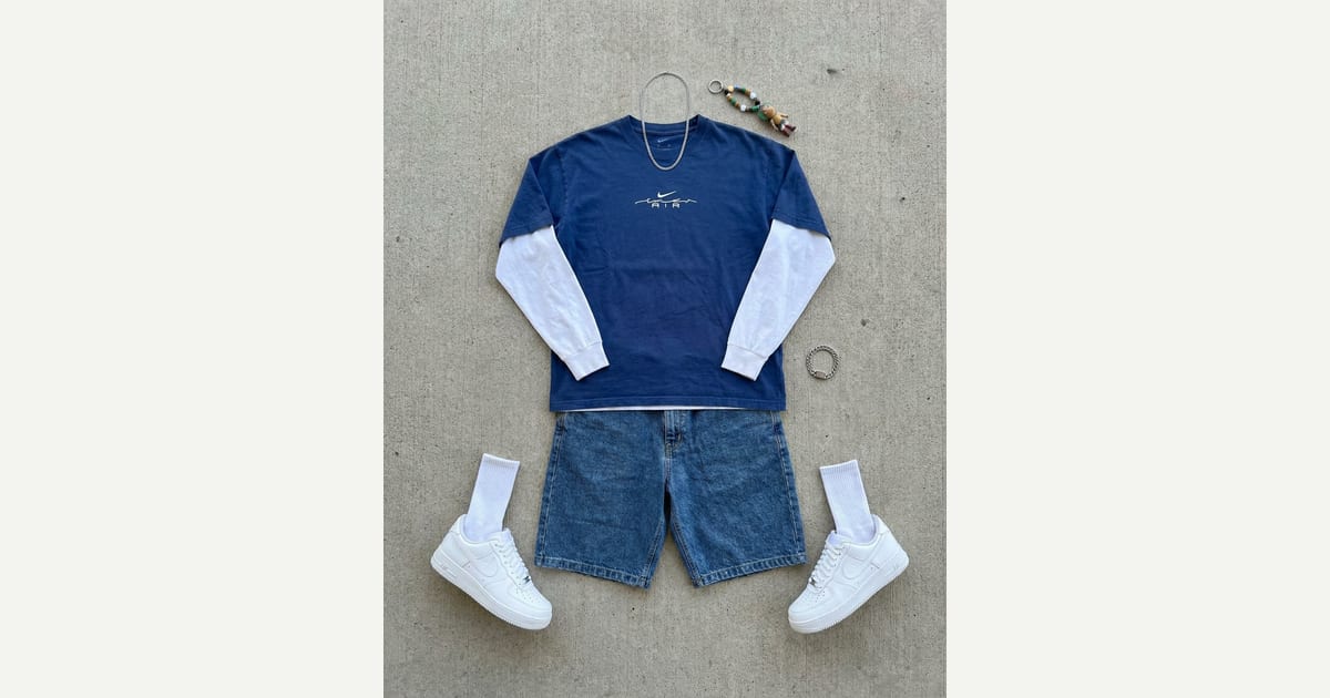 Navy blue tee. White shirt. — outfit flat-lay