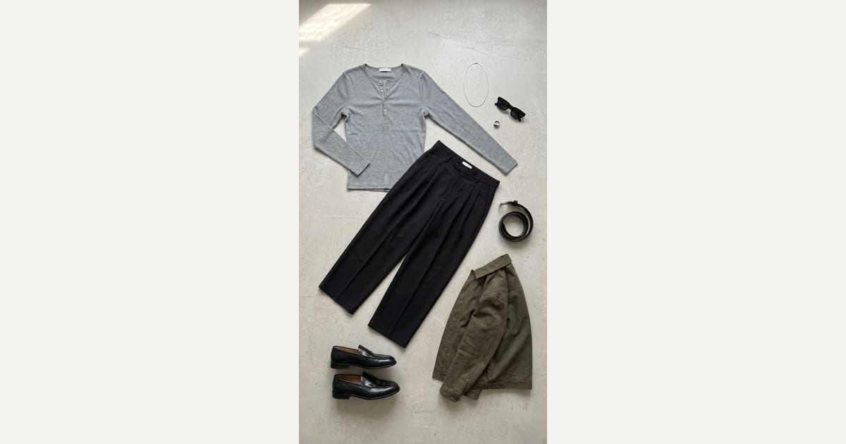 Olive Green jacket. Black trouser. — outfit flat-lay