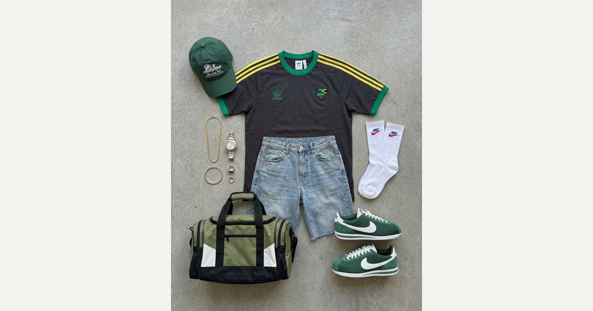 Charcoal grey tee. Light wash blue short. — outfit flat-lay