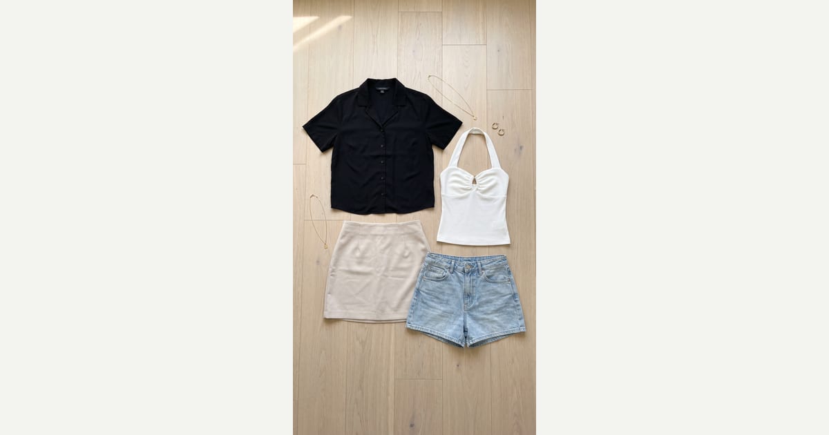 Black shirt. Light blue short. — outfit flat-lay