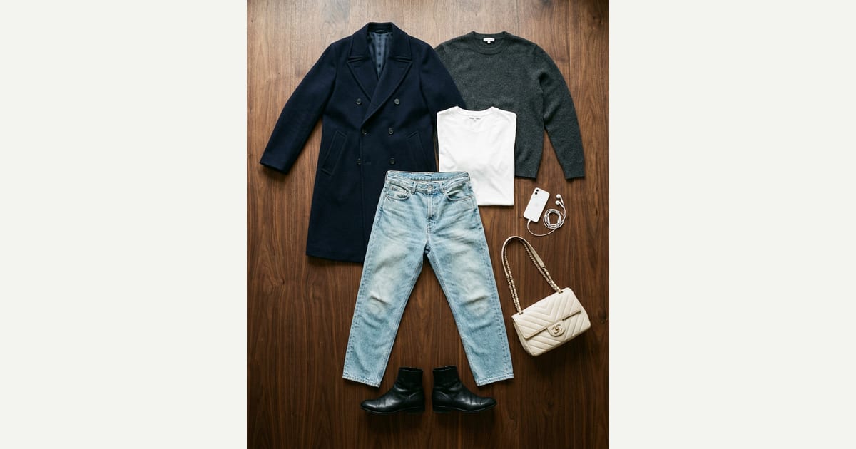 Dark navy outerwear. Light wash blue jean. — outfit flat-lay