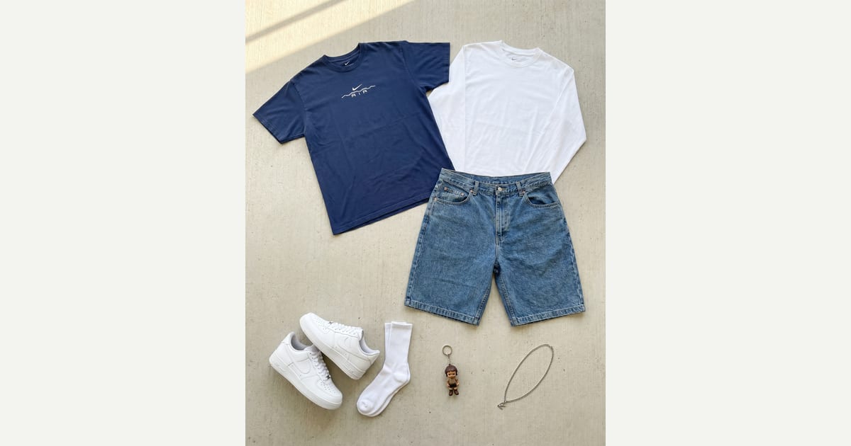 Navy blue tee. White shirt. — outfit flat-lay