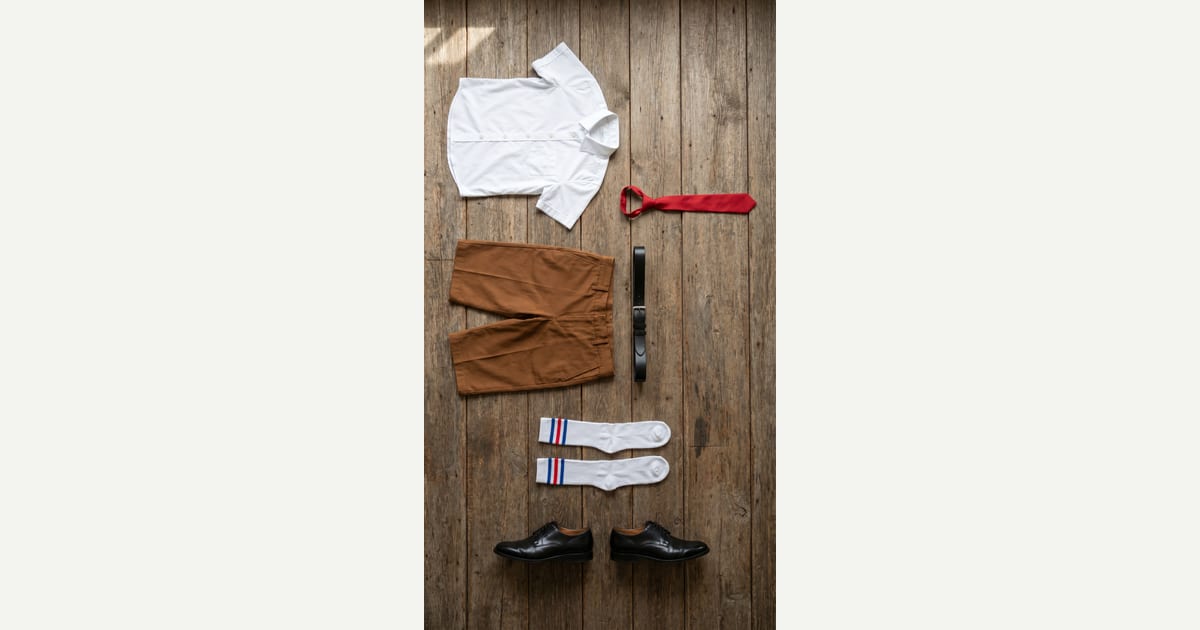 White shirt. Brown trouser. — outfit flat-lay