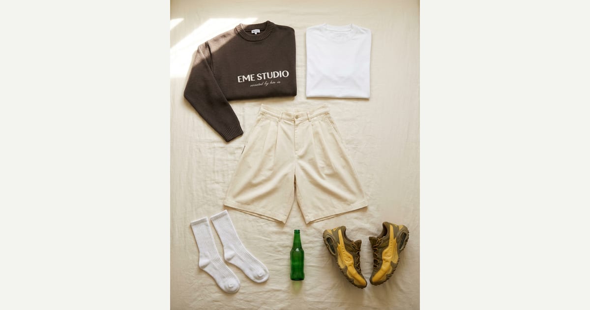 Dark brown knit. Cream short. — outfit flat-lay