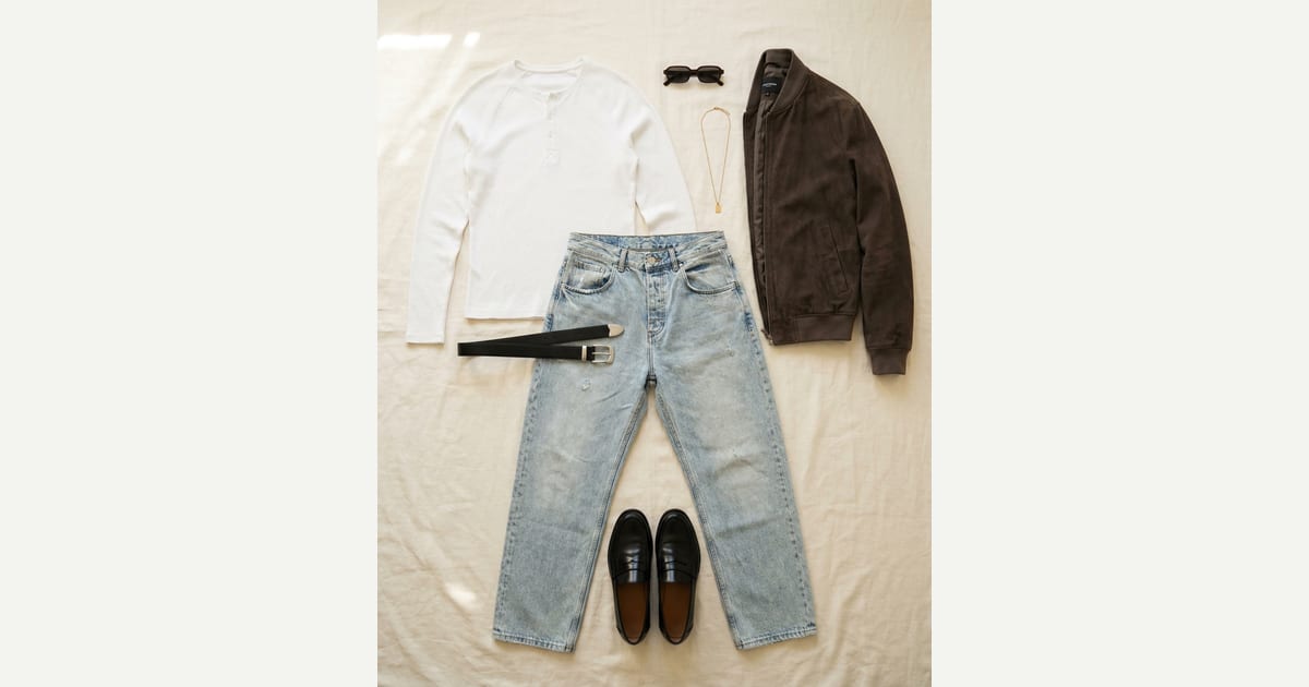 Dark brown jacket. Light wash blue jean. — outfit flat-lay