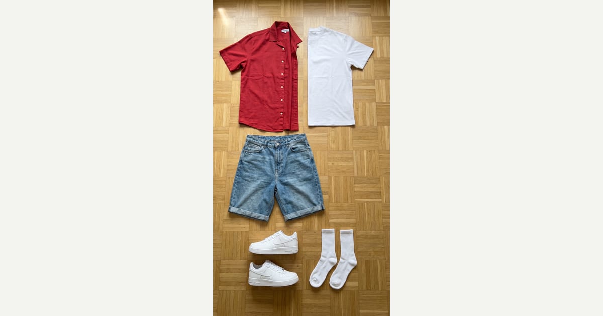 Red shirt. Light blue short. — outfit flat-lay