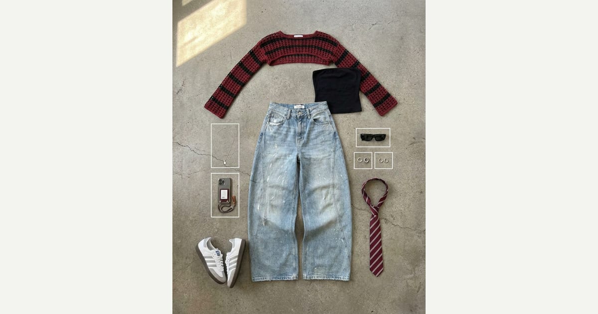 Light wash blue jean. Burgundy knit. — outfit flat-lay