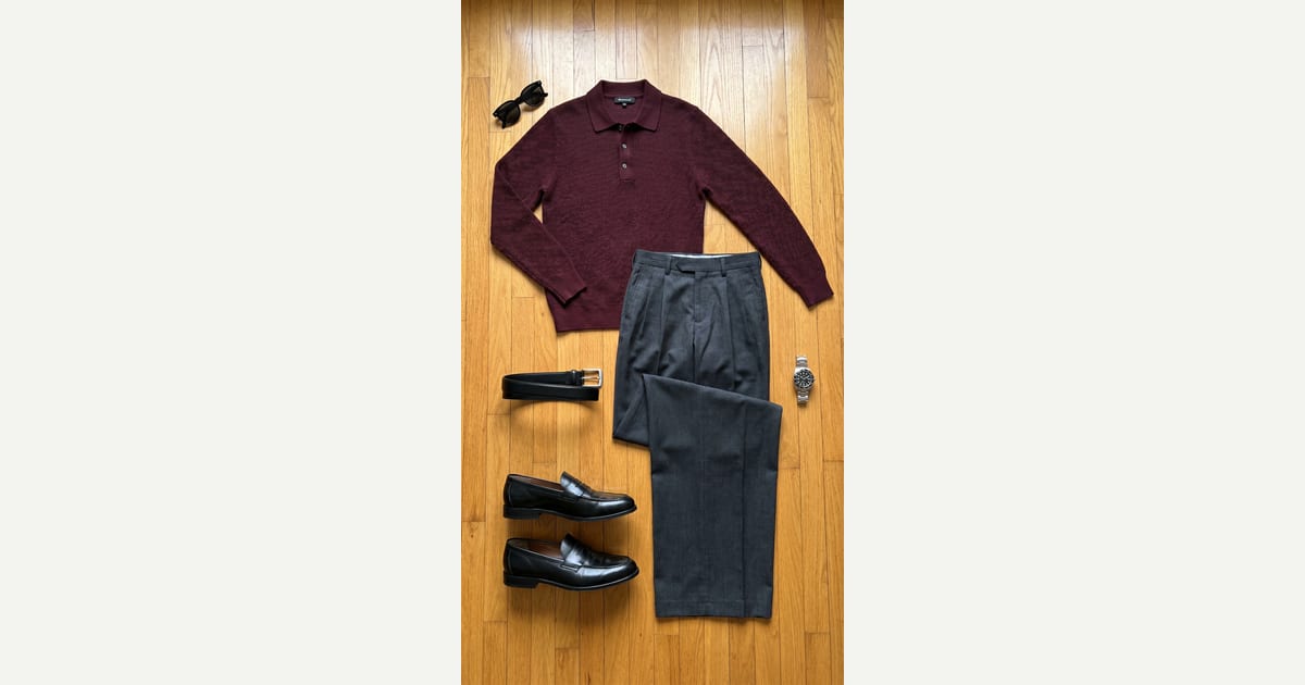 Burgundy polo. Charcoal trouser. — outfit flat-lay