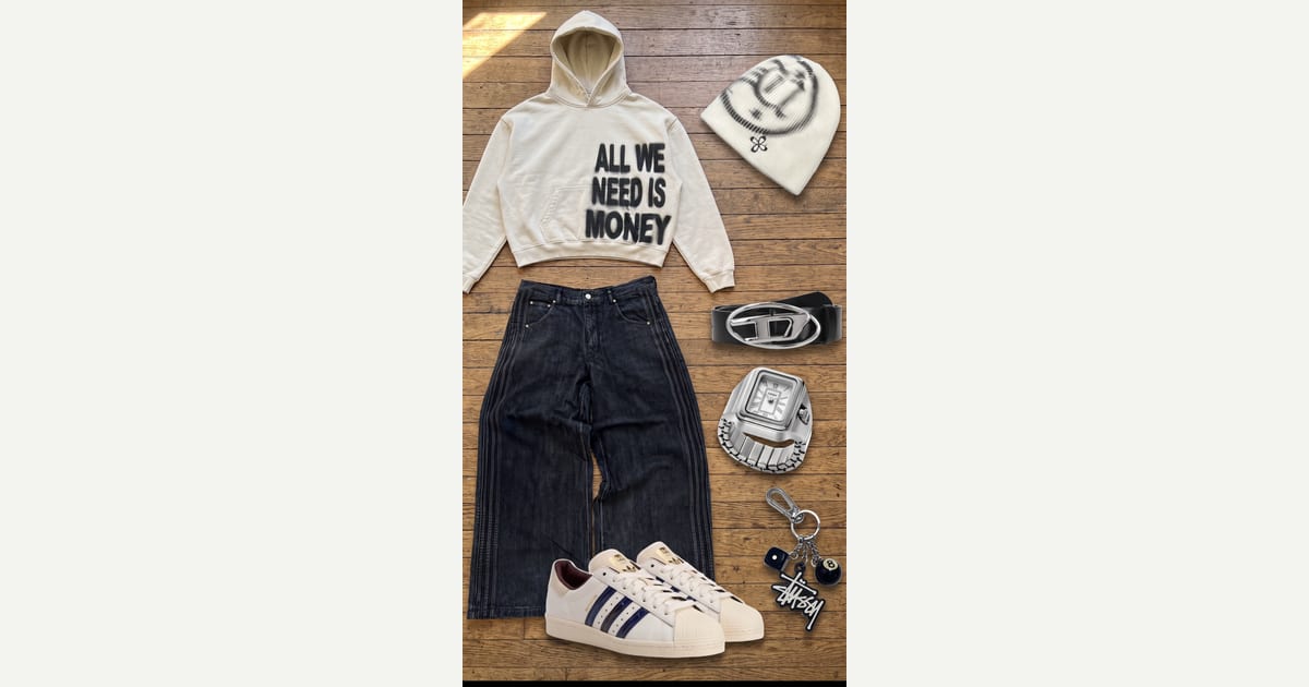 Cream jacket. Black jean. — outfit flat-lay