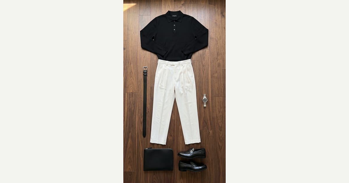 Off-white trouser. Black polo. — outfit flat-lay