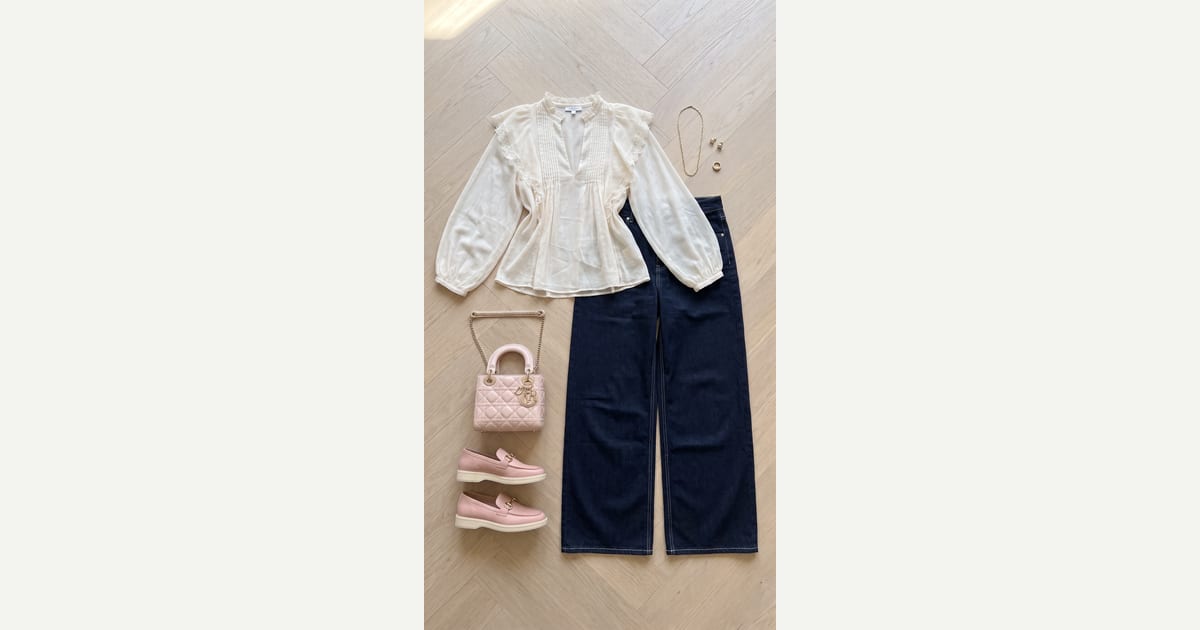 Indigo jean. Off-White shirt. — outfit flat-lay