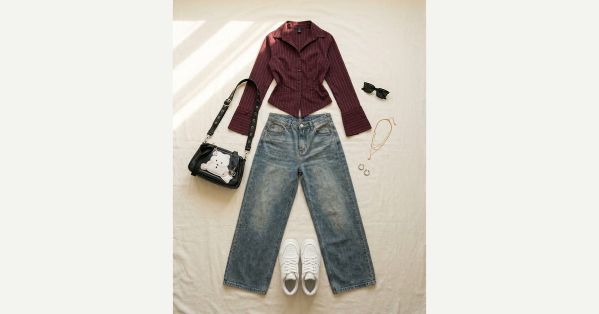 Light wash blue jean. Burgundy shirt. — outfit flat-lay