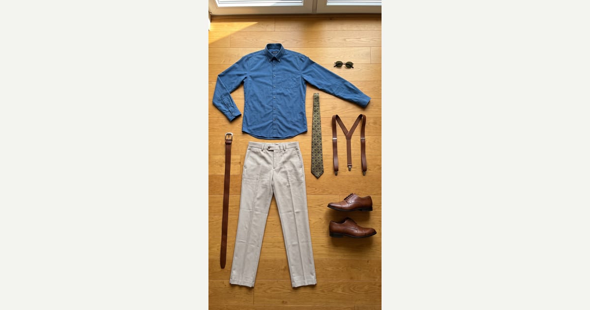 Steel Blue shirt. Light Beige trouser. — outfit flat-lay
