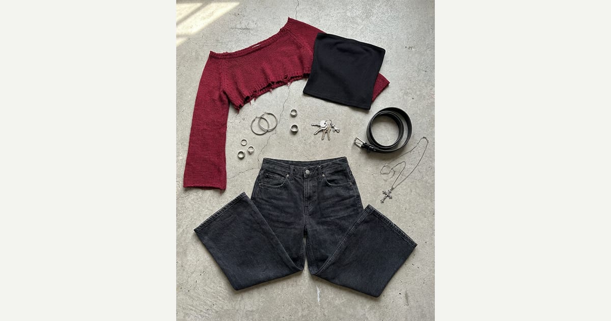 Washed black jean. Dark red knit. — outfit flat-lay
