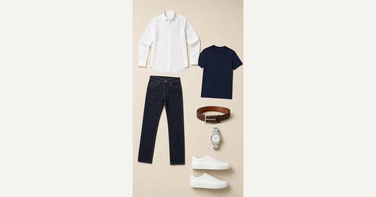 White shirt. Indigo jean. — outfit flat-lay