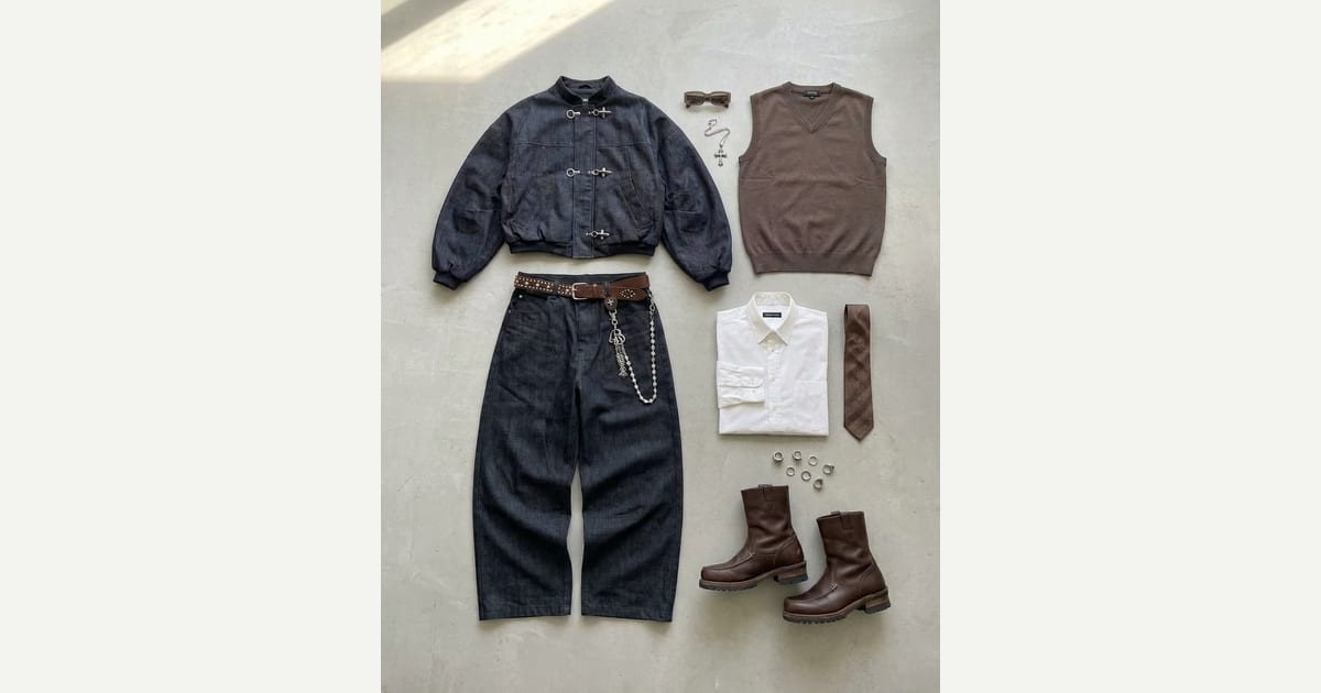 Dark indigo jacket. Dark indigo jean. flat-lay