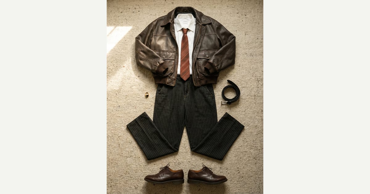 Dark brown jacket. Charcoal trouser. flat-lay