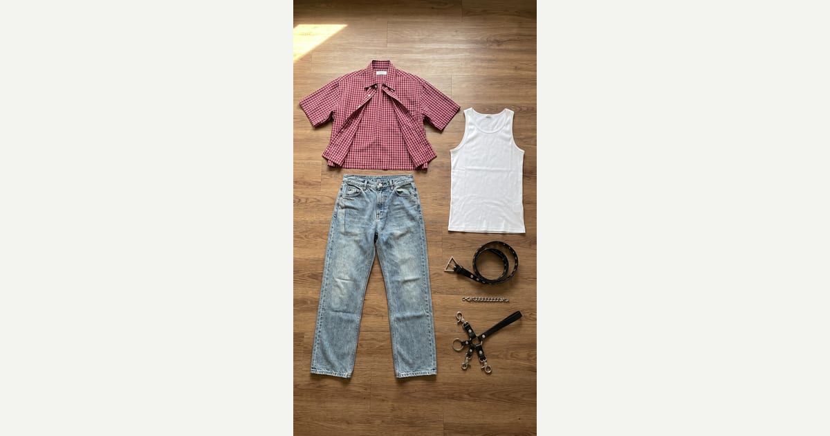 Light blue jean. Red shirt. — outfit flat-lay
