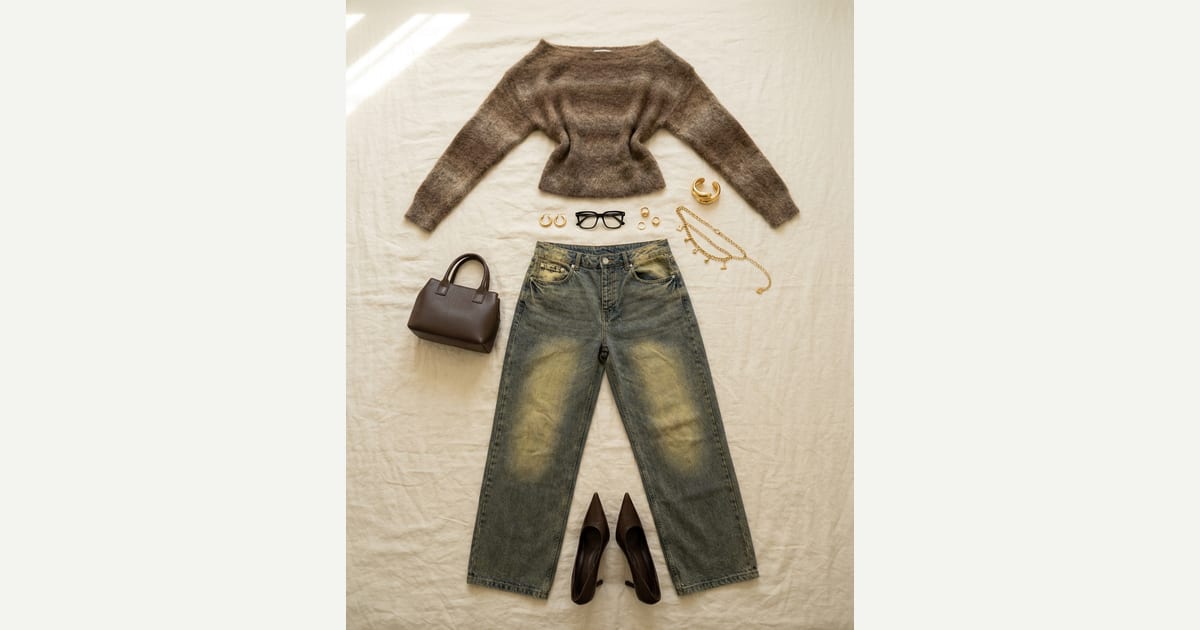 Faded blue jean. Taupe brown knit. — outfit flat-lay