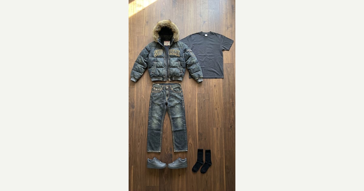 Dark Slate Gray jacket. Dark Grey tee. — outfit flat-lay