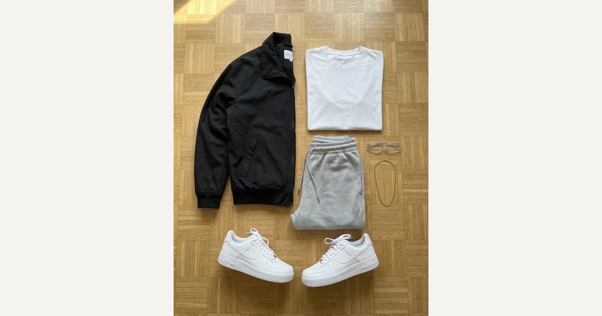 Black jacket. White sneaker. — outfit flat-lay