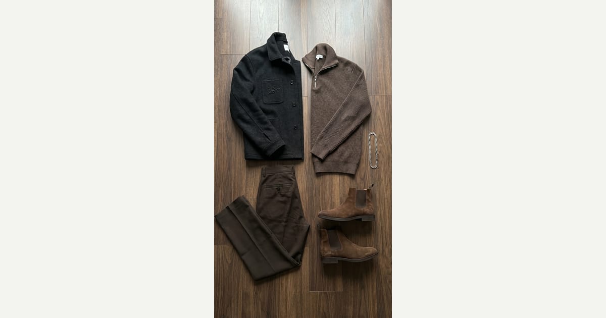 Dark Brown trouser. Charcoal overshirt. — outfit flat-lay