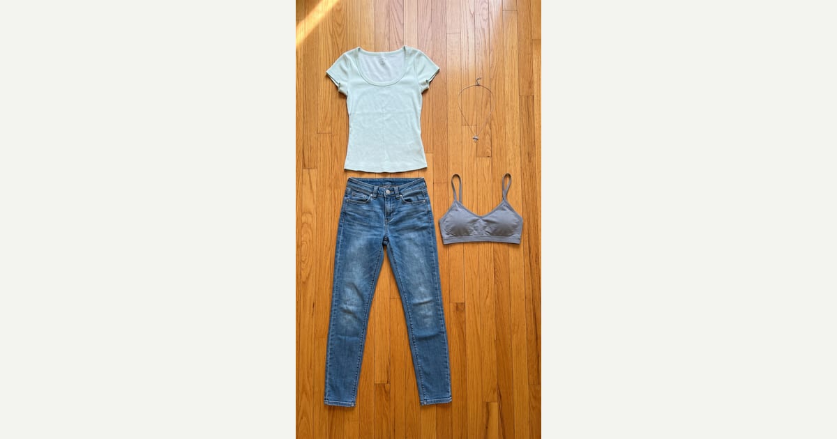 Medium Wash Blue jean. Light Mint Green tee. — outfit flat-lay