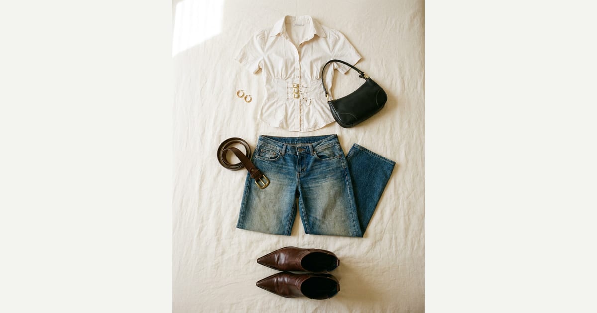 Medium wash blue jean. Cream shirt. — outfit flat-lay