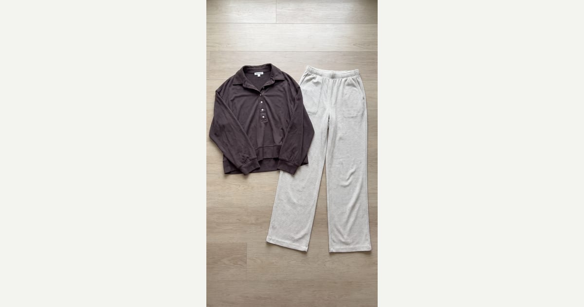 Off-White trouser. Dark Taupe polo. — outfit flat-lay