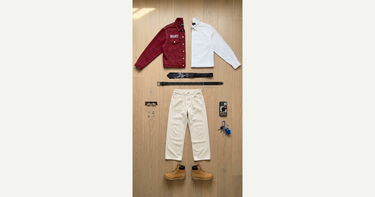 Red jacket. Cream jean. — outfit flat-lay