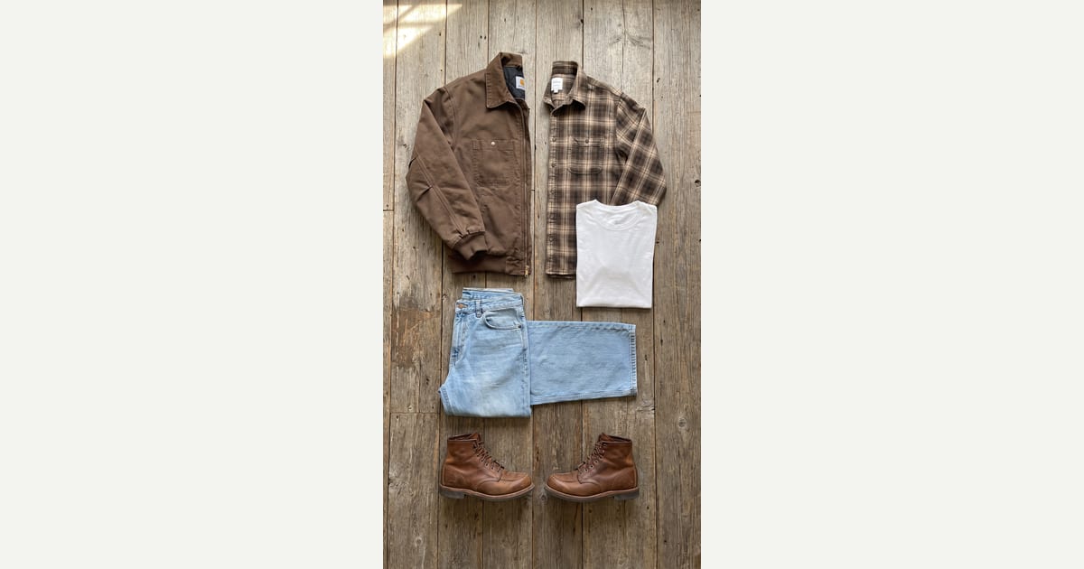 Brown jacket. Light blue jean. — outfit flat-lay